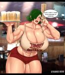 abs avis_(strangehero) beer cleavage collarbone green_hair huge_ass huge_breasts large_hands muscular_female naughty_face seductive seductive_smile short_hair short_shorts smile strangehero sweat tagme text thick_thighs tomboy_outback toned_female voluptuous 