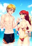  1boy 1girl 1girl abs bikini blonde blue_eyes cloud embarrassed grapesliime green_eyes high_resolution jaune_arc long_hair looking_at_another male ocean outside presenting presenting_breasts pyrrha_nikos red_hair rwby sky swimming_trunks swimsuit tied_hair toned water wet 