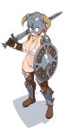  1girl bikini_armor dragonborn huge_breasts red_hair skyrim sword 