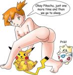   ass breasts erect_nipples erection hairless_pussy kasumi_(pokemon) misty nude nipples penis pikachu pokemon pussy small_breasts spread_legs togepi  