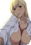  1girl between_breasts blonde_hair blush breasts dark-skinned_female dark_skin high_resolution ishigaki_takashi jewelry looking_at_viewer mouth_hold necklace open_clothes original pocky shiny shiny_skin tan_skin tanned yellow_eyes 