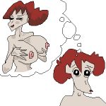  1girl artist_request breasts crayon_shin-chan eyebrows hair large_breasts lipstick milf misae_nohara nipples red_hair simple_background solo source_request thought_bubble white_background 