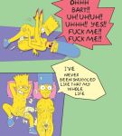  areolae bart_simpson blue_hair blue_pubic_hair breasts fluffy_(artist) green_background marge_simpson nipples penis pillow pubic_hair teeth the_simpsons yellow_skin 