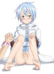  blue_hair blush bottomless double_arts elraine_figarette feet figarette_elraine green_eyes hand_holding holding_hands no_panties pussy rayphenos short_hair sitting tears uncensored 