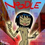1girl 2008 \m/ closed_eyes double_\m/ female female_only gorillaz hellstroem nipple_piercing nipple_rings nipples noodle_(gorillaz) nude small_breasts solo tongue tongue_out young