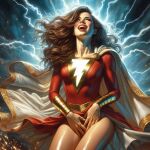 ai_generated bodysuit bracelet brown_hair cape covering_pussy dc_comics dc_comics lightning lipstick long_hair long_sleeves mary_marvel miniskirt pleasure_face red_bodysuit red_lipstick satisfied satisfied_look skirt_pull white_cape