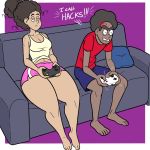  1girl adele_williams_(wappah) angry annoyed ass big_ass breasts clenched_teeth comic controller dark-skinned_male dark_hair male mouth_closed playing sitting small_breasts sofa text thick_thighs top_knot wappah wappah_fitzgerald_(wappah) 
