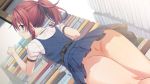  1girl aqua_eyes ass closed_mouth clothed clothed_female cura dutch_angle embarrassed female_only innie_pussy long_hair looking_at_viewer looking_back maitetsu migita_hibiki no_panties pussy red_hair ribbon short_sleeves skirt_lift uncensored upskirt 