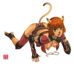  1girl animal_ears ass breasts cat_ears cat_tail catgirl final_fantasy final_fantasy_xi midriff mithra naughty_face nipples open_clothes open_shirt red_hair shirt short_hair solo sonobe_kazuaki spanked spanking tail wardrobe_malfunction white_background 