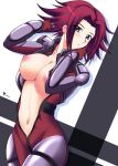  1girl :o adjusting_hair blue_eyes blush bodysuit breasts cleavage code_geass dutch_angle embarrassed erect_nipples gloves hips kallen_stadtfeld kuronezumi large_breasts navel nipples no_bra open_clothes open_mouth puffy_nipples red_hair shadow shiny shiny_hair short_hair solo spiked_hair standing undressing wide_hips 