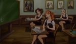  3_girls 3girls bad_manners blonde blonde_hair chalkboard classroom clothed female female_only indoors looking_at_viewer red_hair redhead schoolgirl seductive sitting 