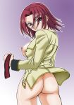  1girl ass blue_eyes bottomless breasts code_geass collar from_behind green_shirt kallen_stadtfeld large_breasts long_sleeves looking_at_viewer looking_back misnon_the_great nipples red_hair shirt solo 