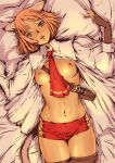  1girl animal_ears bad_id bed between_breasts blue_eyes branch_(artist) branch_(blackrabbits) breasts final_fantasy final_fantasy_xi fingerless_gloves gloves lying mithra navel nipples open_clothes open_shirt red_hair shirt short_hair solo tail 