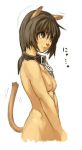  1girl animal_ears breasts brown_eyes brown_hair cat_ears cat_tail collar final_fantasy final_fantasy_xi mithra nipples nude short_hair solo tail white_background 
