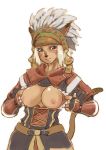  1girl animal_ears blue_eyes breasts cat_ears cat_tail facial_mark final_fantasy final_fantasy_xi flashing hair headdress large_breasts mithra mr_pavlov nipples simple_background solo tail tomotsuka_haruomi white_background white_hair 