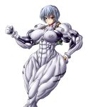 1girl abs ayanami_rei biceps blue_hair breasts female flexing hair hair_ornament hand_on_ass huge_ass huge_breasts impossible_clothes muscle muscular_female neo-queendom_writers_association neon_genesis_evangelion nipples nwa pose purukogi red_eyes rei_ayanami short_hair skin_tight solo thick_thighs thighs white_background wide_hips wide_shoulders