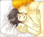  after_sex bed black_hair bleach kurosaki_ichigo orange_hair romantic rukia_kuchiki small_breasts 