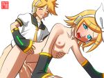  1boy 1girl all_fours bent_over blonde_hair blue_eyes breasts brother_and_sister cum cum_in_pussy doggystyle headphones hetero incest kagamine_len kagamine_rin len_kagamine lowres nipples rin_kagamine sex siblings simple_background twincest twins vaginal vocaloid white_background 