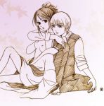 1boy 1girl breasts clothed clothed_male duo gintama monogatari_(series) nipples okita sitting topless topless_female undressing