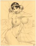 2003 aladdin_(series) alluring bed big_breasts breasts disney julius_zimmerman_(artist) monochrome nude pillow princess_jasmine pussy