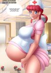  blue_eyes nerdroid nurse nurse_cap nurse_joy nurse_uniform pink_hair pokemon pregnant_belly pregnant_female 