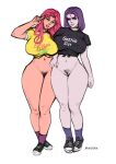  2_girls bottomless curvy dc_comics full_body jiragora koriand&#039;r pose pussy rachel_roth raven_(dc) shirt sketch standing starfire teen_titans thick_thighs 