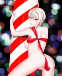  alluring ass big_breasts candy_cane christmas gift_wrapping magenta_eyes nakiri_alice red_ribbon ribbon shokugeki_no_souma silver_hair tenzen 