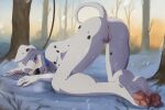 1girl anthro anus ass blue_eyes blush canine clitoris completely_nude completely_nude_female dog female_only fur furry hioshiru looking_at_viewer nude nude_anthro nude_female pussy rear_view top-down_bottom-up white_fur 