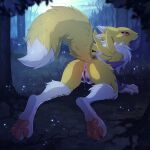  1girl 1girl anthro anthro_masturbating anus ass blush completely_nude completely_nude_female digimon fur furry hioshiru masturbation nude nude_anthro nude_female pleasure_face pussy pussy_juice renamon solo_female tail tongue_out vaginal vaginal_juices white_fur yellow_fur 