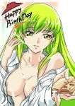  1girl breasts c.c. cc cheese code_geass food green_hair long_hair nipples open_clothes open_shirt pizza pizza_hut product_placement sexually_suggestive shirt solo suggestive_fluid what yellow_eyes 
