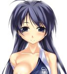  blue_hair blush breasts buresu collarbone competition_swimsuit memories_off memories_off_2nd one-piece_swimsuit simple_background smile strap_slip suzuna_takano swimsuit swimsuit_pull white_background 