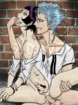  2boys anal arrancar bite_mark bleach blue_eyes blue_hair bottomless collarbone cum cum_in_ass espada evil_smile finger_in_mouth grimmjow grimmjow_jaegerjaquez hollow injury leg_hold luppi luppi_antenor male male_focus multiple_boys off_shoulder open_clothes open_shirt penis precum pubic_hair purple_eyes purple_hair sex shirt sitting smile sweat wristband yaoi 