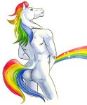  anthro ass fur furry horse male multicolored_hair nude open_mouth rainbow rainbow_brite rainbow_hair rainbow_pattern rainbow_tail simple_background solo sparkle starlite tail teeth urinating urine white_background white_fur 