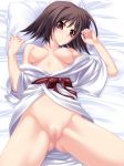  1girl bed blush breasts buresu collarbone embarrassed female fingernails fingers japanese_clothes looking_at_viewer lying memories_off memories_off_2nd mound_of_venus nipples no_bra no_panties on_back open_clothes pillow puffy_nipples pussy red_eyes short_hair solo tobise_tomoe uncensored 