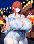  1girl 1girl ai_art ai_generated breasts chainsaw_man high_res huge_breasts kimono light-skinned_female light_skin long_hair lucyla makima_(chainsaw_man) massive_breasts outside peace_sign red_hair stable_diffusion yellow_eyes 