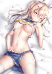 ayanami_(azur_lane) azur_lane bare_midriff bed_sheet crop_top dicedkey embarrassed erect_nipples from_above hair_between_eyes indoors looking_at_viewer medium_breasts no_bra orange_eyes pleated_skirt shirt_lift silver_hair sleeves transparent_clothes white_legwear white_thighhighs