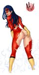 1girl 2008 artist_name ass ass_grab blue_eyes blue_hair butt clothes dark_hair dated female female_only human human_only hvond jessica_drew long_hair looking_at_viewer looking_back marvel no_panties no_underwear pussy solo_female spider-woman spread_ass superheroine torn_clothes uncensored