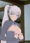  1_girl 1girl blue_eyes breasts breasts_out_of_clothes exposed_breasts eyebrows_visible_through_hair female female_human female_only human indoors long_hair mostly_clothed necromalock nipples rwby silver_hair small_breasts smile solo undressing useless_tags weiss_schnee white_hair 