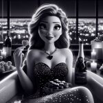   ai_generated anna_(frozen) black_and_white cookie eating freckles frozen_(movie) long_hair looking_at_viewer makeup necklace noir wine