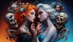 about_to_kiss ai_generated blonde blonde_female blonde_hair blue_dress blue_eyes braid brave brave_(copyright) cape corpse crown disney dress earrings elsa_(frozen) flower_in_hair freckles frozen_(movie) grabbing_face green_dress jewelry long_hair long_sleeves looking_at_another looking_away loose_hair merida necklace red_hair redhead skeleton statue