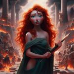 ai_generated brave dagger greek_clothes greek_temple green_clothes green_clothing green_eyes looking_at_viewer merida red_hair redhead tunic