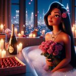 ai_generated bathroom bathtub feather_in_hair flower_in_hair flowers fruit lipstick long_hair looking_away makeup medium_breasts necklace night nude nude_female pearl_necklace pocahontas pocahontas_(character) red_lipstick roses wine wine_bottle wine_glass