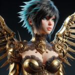  ai_generated armor armored_bra black_hair blue_eyes choker corset earrings mechanical_wings short_hair sleeves 