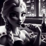   ai_generated big_breasts black_and_white braid eating elsa_(frozen) frozen_(movie) fruit long_hair looking_at_viewer makeup necklace noir pearl_necklace white_hair wine