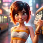  ai_generated bare_midriff black_hair bracelet freckles identity_censor leeloo looking_at_viewer night orange_hair pixar_style short_hair small_breasts smile strapless suspenders the_fifth_element torn_clothes two_tone_hair 