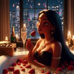 ai_generated earrings fruit lipstick long_hair makeup medium_breasts necklace night night_dress pearl_necklace pocahontas pocahontas_(character) red_lipstick wine wine_bottle wine_glass