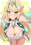  1girl absurd_res alluring bare_shoulders big_breasts blonde_hair cleavage dress headpiece high_res leaning_forward light_blush long_hair looking_at_viewer mythra nintendo short_dress smile thigh_strap white_dress xenoblade_(series) xenoblade_chronicles_2 yoshikirino 