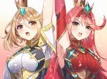 2_girls alluring big_breasts blonde_hairs chest_jewel dress earrings elbow_gloves female_only gem gloves headpiece jewelry long_hair multiple_girls mythra mythra_(massive_melee)_(xenoblade) nintendo open_mouth pyra red_eyes red_hair short_hair swept_bangs tiara very_long_hair white_dress white_gloves xenoblade_(series) xenoblade_chronicles_2 yasaikakiage yellow_eyes
