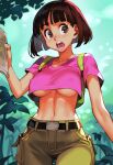  aged_up backpack belt blush breasts brown_eyes brown_hair dora_marquez dora_the_explorer female_focus forest map nature nickelodeon open_mouth shirt short_hair short_shorts 