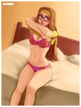  1girl 1girl 1girl abs alluring aozee bed big_hero_6 blonde_hair bra cleavage clothed clothing disney dutch_angle female_only glasses green_eyes half-closed_eyes honey_lemon human legs_together long_hair looking_at_viewer marvel panties pink_bra pink_panties pink_underwear shirt shirt_lift sitting text underwear undressing watermark white_border wide_hips yellow_shirt 